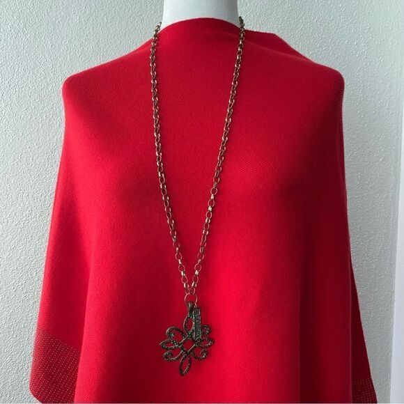 Green Patina Pendant Floral Faith Necklace Gold Finish Chain - Picture 2 of 9